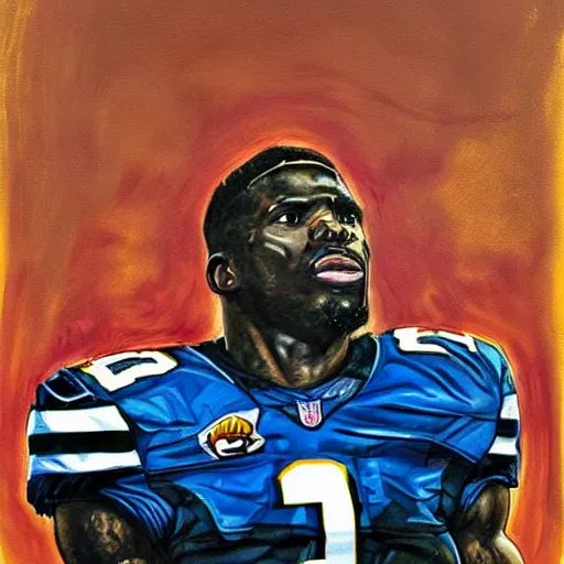 Image similar to portrait of tyreek hill, determined, great detail, looking to the sky, superbowl