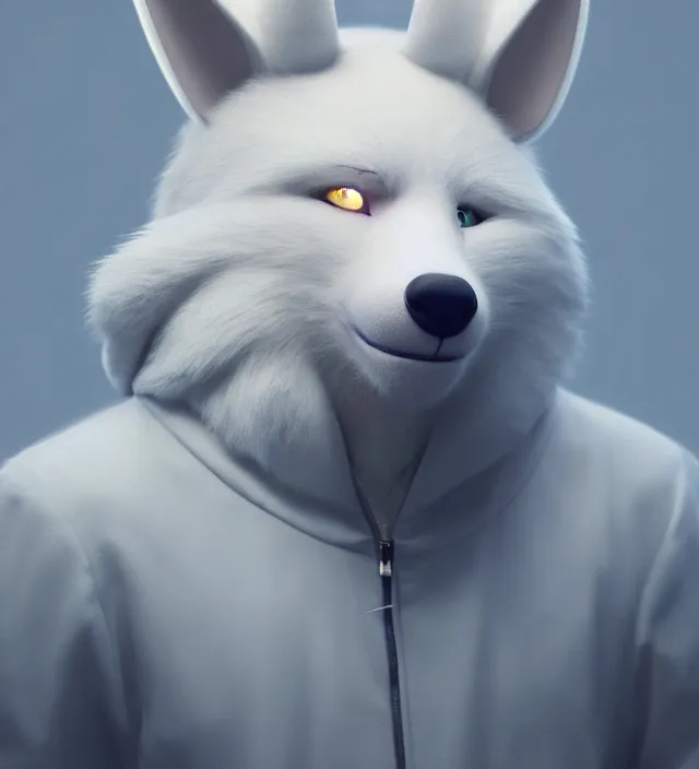 Image similar to a beautiful portrait of a cute male anthropomorph white wolf wearing a kigurumi. character design by cory loftis, fenghua zhong, ryohei hase, ismail inceoglu and ruan jia. artstation, volumetric light, detailed, photorealistic, rendered in octane