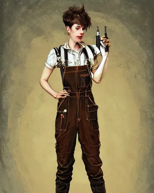Image similar to a full body portrait beautiful androgynous punk girl with short hair and beautiful eyes, beautiful face, who is a mechanic wearing overalls with a utility bag, digital concept art, detailed digital painting, ornate decorative background, very aesthetic!!!!!!, by j. c. leyendecker and edward blair leighton and charlie bowater, trending on artstation