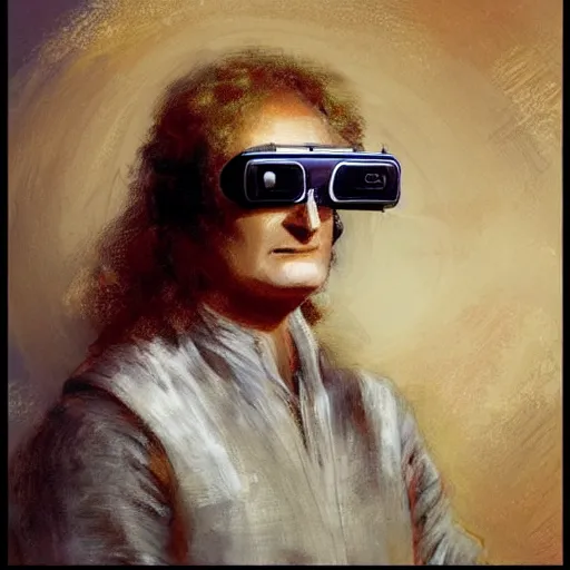 Prompt: portrait of isaac newton using a vr, artwork by gaston bussiere, craig mullins, trending on artstation