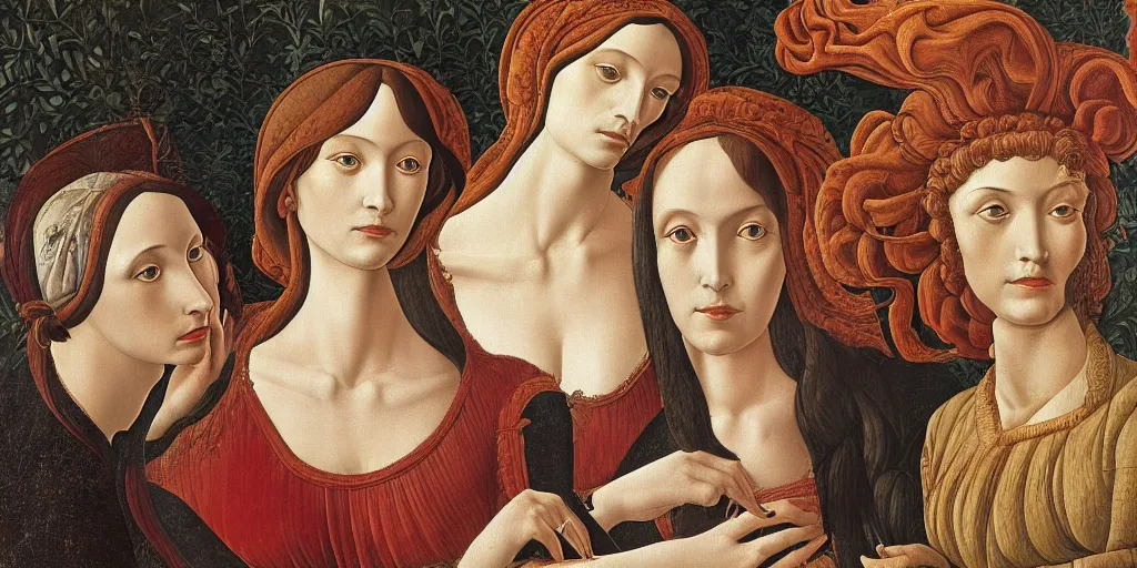 Prompt: a painting of a woman and two other women, a surrealist painting by sandro botticelli, polycount, renaissance, da vinci, pre - raphaelite, fresco