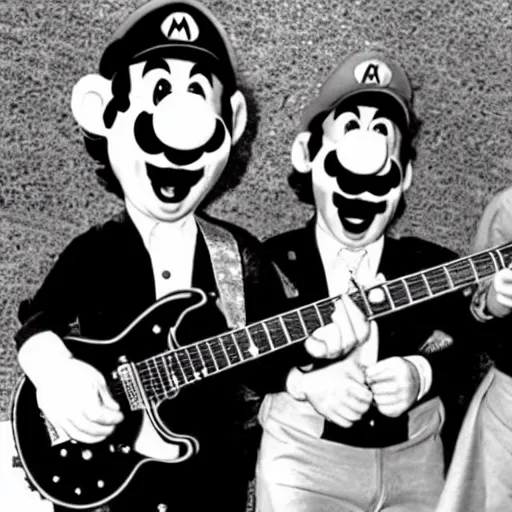 Image similar to Mario Bros playing the guitar with the Beatles Band