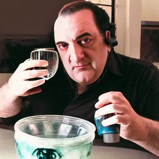 Image similar to “ tony soprano drinking belle delphine ’ s gamer girl bath water ”