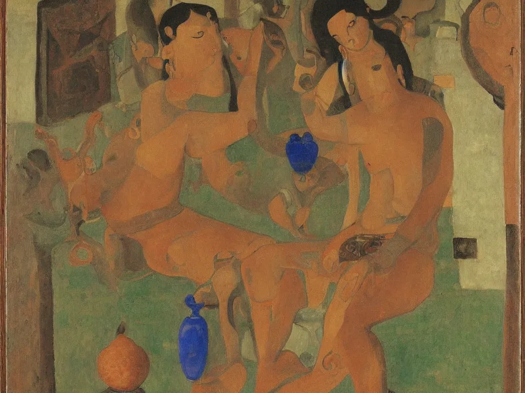 Prompt: Portrait of a Tantric deity with amphora. Lapis Lazuli, malachite, cinnabar. Painting by Balthus, Morandi