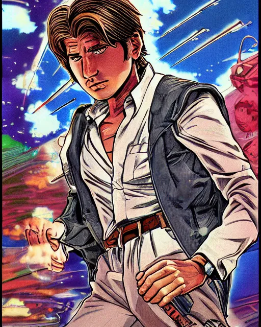 Image similar to Digital color pen drawing of young Harrison Ford from JoJo\'s Bizzare Adventure, highly detailed, sharp focus, screentone shading, 1990 manga panel, trending on ArtStation, manga cover art drawn by Hirohiko Araki