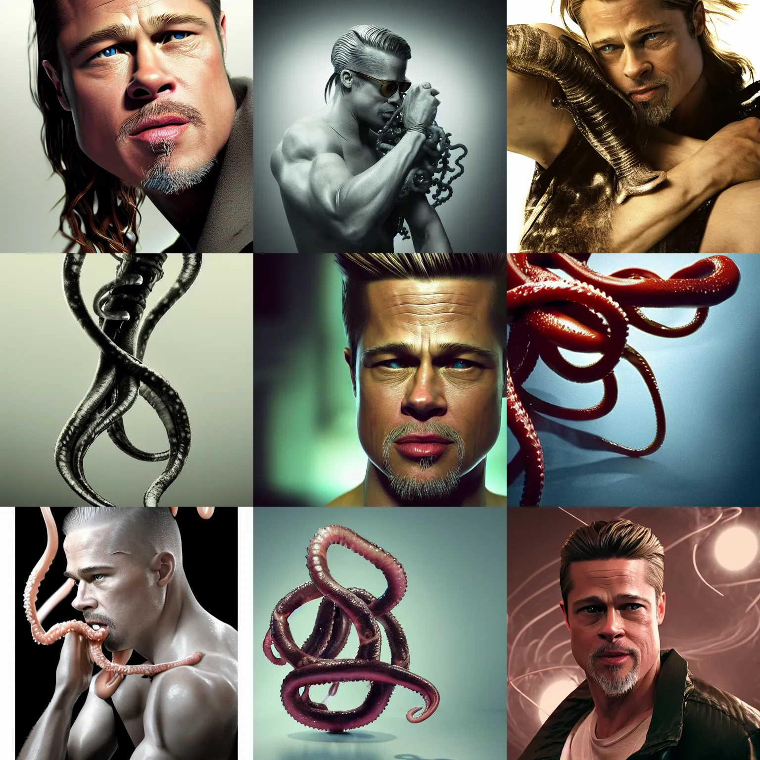 Prompt: brad pitt tentacles artwork by yoshitaka amano, white background, extremely detailed, octane rendering, sharp focus, volumetric light, particles