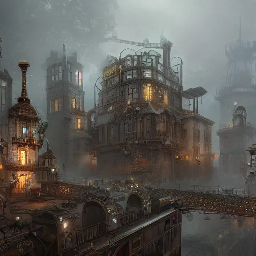 Prompt: a steampunk city shrouded in fog, highly detailed, 8k, sharp focus, trending on artstation