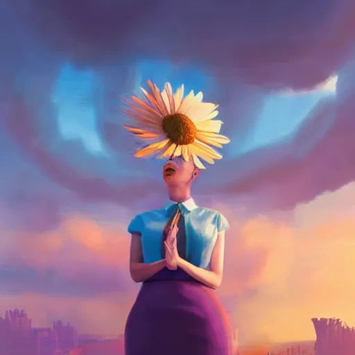 Image similar to giant daisy flower over head, frontal, girl in a suit, surreal photography, sunrise, dramatic light, impressionist painting, digital painting, artstation, simon stalenhag