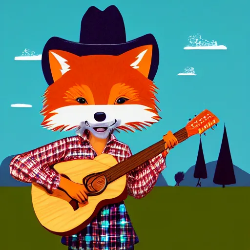 Image similar to a female fluffy anthropomorphic fox animal, wearing cowboy hat, wearing plaid shirt, playing guitar, in a field, barn in background, album cover style