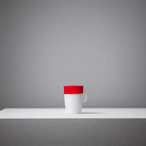 Image similar to an ultra high definition professional studio quality photograph of a red cup on a white plinth in an empty white room. dramatic lighting, shallow d. o. f, colour corrected, three point light.