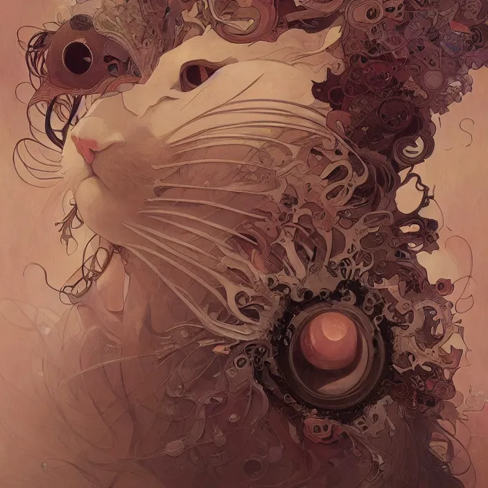 Image similar to A portrait of A cat with many eyes by Ross Tran!!! and alphonse mucha and greg rutkowski! and gustav doré! and Zdzisław Beksiński!,In style of digital art illustration.Symmetry.Highly detailed face.Fantasy,smooth,hyper detailed,sharp focus,Soft light.trending on artstation.4k