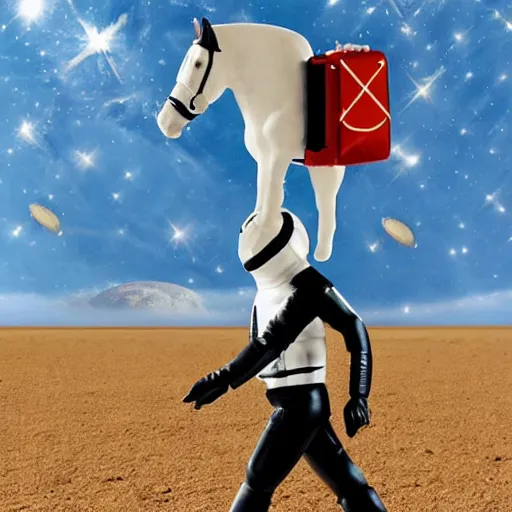 Image similar to astronaut with leg horse on his head