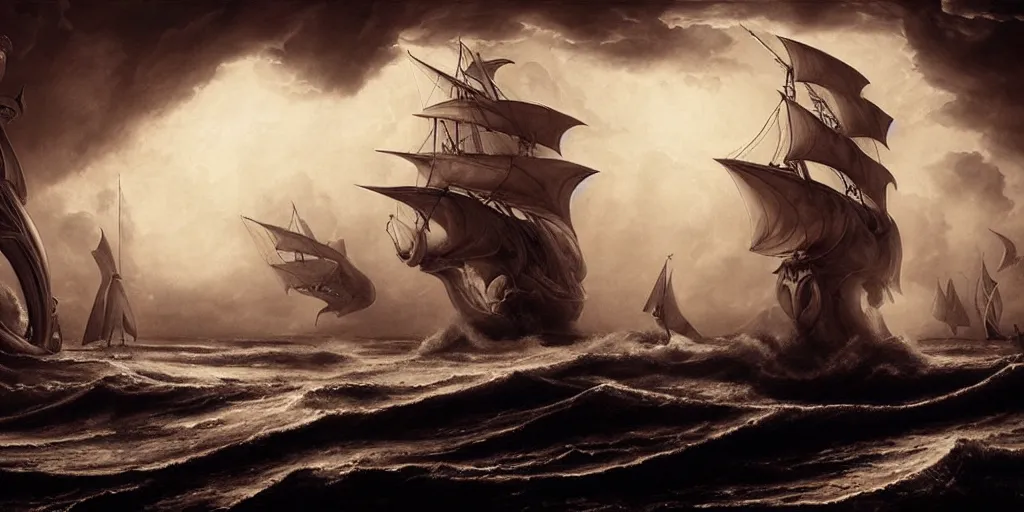 Image similar to Odysseus's ship sailing past a sea serpent, by Rolf Armstrong and Evelyn De Morgan and Bastien Lecouffe-Deharme, dramatic lighting, high contrast colors, baroque, empyrean, panoramic view, as trending on Artstation, highly detailed, doom engine,