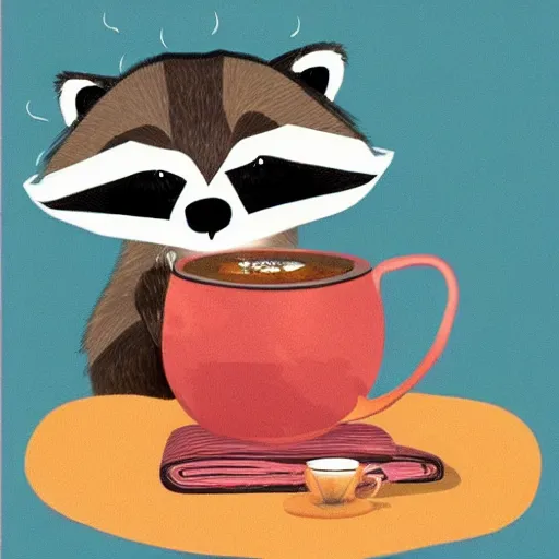 Image similar to raccoon with cup of tea by cozy fireplace, childrens book illustration, in the style of eric carle,