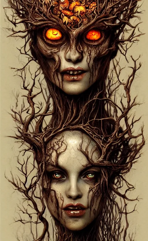 Image similar to portrait of a rotten tree spirit dryad with a beautiful face and flaming mouth and eyes, intricate, headshot, mushrooms, fungi, lichen, sketch lines, graphite texture, old parchment, guillermo del toro concept art, justin gerard monsters, intricate ink illustration, artstation