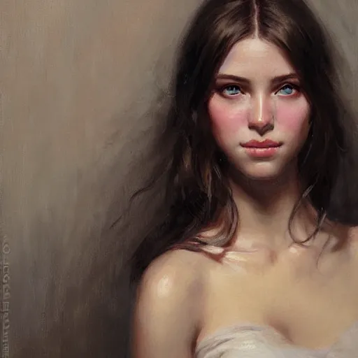 Image similar to Facial portrait of a cute girl, looking at the camera, slight awkward smile, lips slightly parted, no hands visible, blushing, intricate, extremely detailed painting by Greg Rutkowski and by Henry Justice Ford and by Steve Henderson