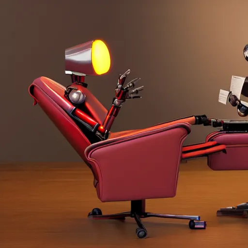 Image similar to futuristic studious matte brown and red and chrome full-body humanoid robot with two huge round expressive sad purple glowing LED eyes and open rectangular mouth sitting on a large comfortable cushioned 1950s vintage recliner reading a newspaper. open newspaper. wide Cinematic Movie Photograph, Arri Alexa, Extremely Detailed, smooth, very very clean, 8K, octane render, maya render, unreal engine, trending on artstation, DSLR, excellent composition, center frame