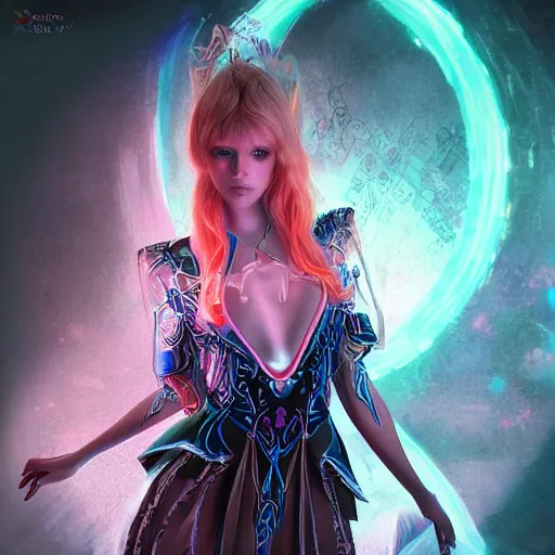 Image similar to A still of an ethereal, mysterious stunning maximalist mesmerizing elven girl from the rainbow sky paradise in Tron: Legacy (2010), high-tech, Victorian gothic lolita fashion, highly detailed, very beautiful painting by artgerm and WLOP, medium shot, cinematic lighting, concept art, artstation, D&D RPG portrait