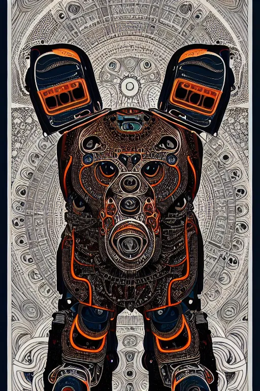 Image similar to a centered uncut fullbody frontview portrait of a robotic bear headed biomechanical creature by clogtwo and subjekt zero feat paul lewin. intricate detailed sharp clean textured very ornated. indian style tapestry design. lowbrow color palette