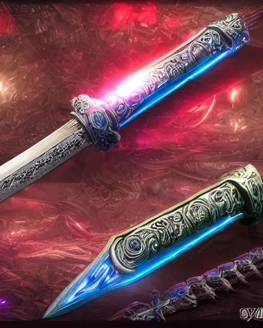 Image similar to legendary glowing sword of cybernetic technology on a table, digital award winning artwork, intimate, intricate, long sharp black and iridescent blade, ornate spikes, colorful hilt, vivid detailed realistic, raytraced blade, colored gems, golden pommel, by yoshitaka amano and deviantart
