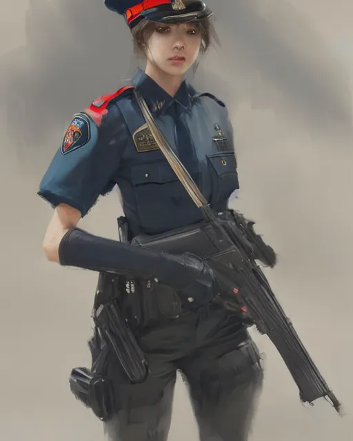 Image similar to Hyper realistic painting of a beautiful girl in a police uniform, hyper detailed, anime, by greg rutkowski, trending on artstation