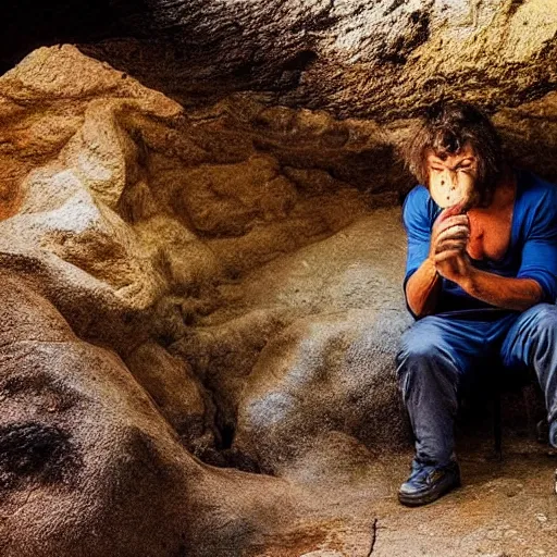 Image similar to “colur photo an homo Neanderthal watching his iPhone in front of a cave close to a fire coocking a bull, photoreal photojournalism, National Geographic style”