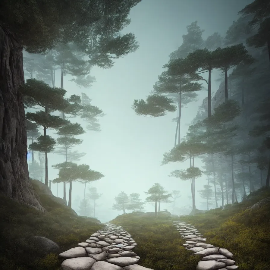 Image similar to surrealist abstract rendering of a stone path leading down the horizon through giant pine forests down a rocky mountain coast towards a majestic sunset. atmospheric foggy landscape, soft tones, psychedelic, ultra realistic, concept art, modern art, photorealistic, octane render.