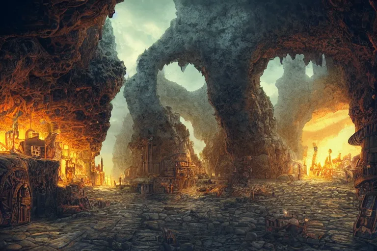 Prompt: a steampunk city inside a cave, lava columns