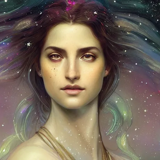 Prompt: epic portrait goddess of space, beauty, pretty face, glossy skin, dark, stars, glowing, digital painting, artstation, concept art, soft light, hdri, smooth, sharp focus, illustration, fantasy, intricate, elegant, highly detailed, D&D, matte painting, in the style of Greg Rutkowski and Alphonse Mucha and artemisia, 8k, highly detailed, jurgens, rutkowski, bouguereau, pastoral, rustic, georgic