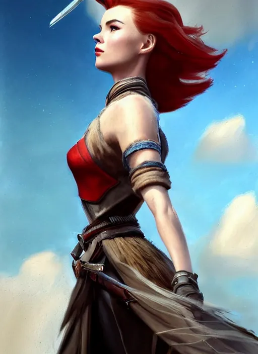 Prompt: A combination of Scarlett Johannson’s and Grace Kelly’s and Audrey Hepburn's appearance with red hair as Aloy from Horizon Zero Dawn in the style of Assassins Creed, countryside, calm, fantasy character portrait, dynamic pose, above view, sunny day, thunder clouds in the sky, artwork by Jeremy Lipkin and Giuseppe Dangelico Pino and Michael Garmash and Rob Rey and Greg Manchess, very coherent asymmetrical artwork, sharp edges, perfect face, simple form, 100mm