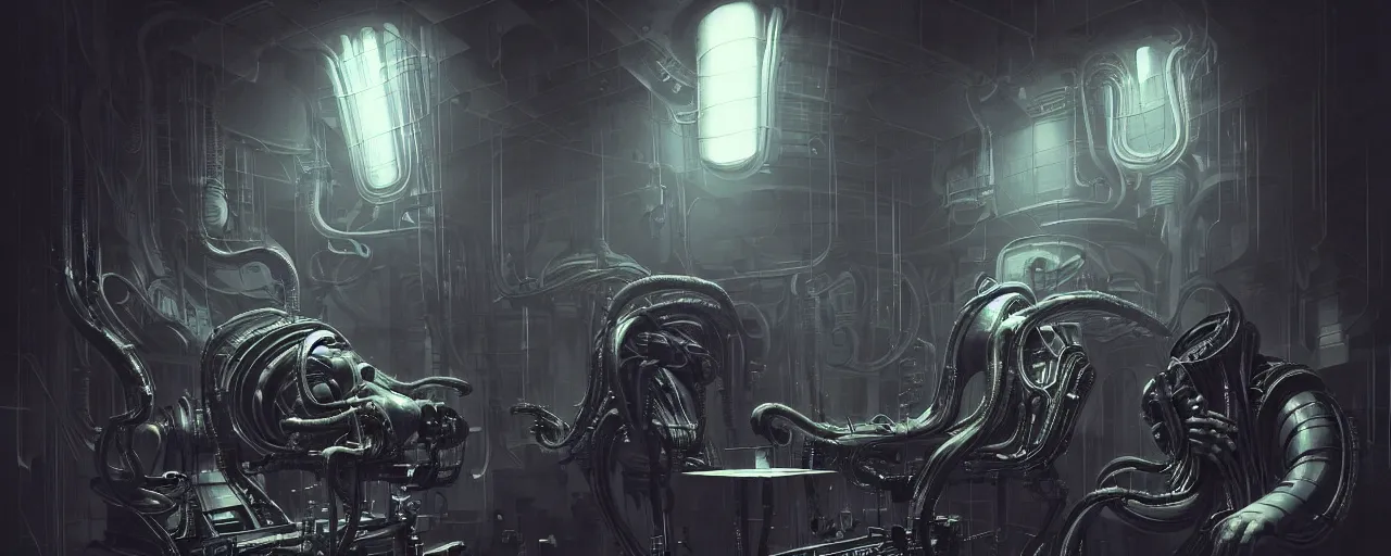 Prompt: duotone noir concept illustration 3 / 4 portrait of hr giger with in techno alien machinery in the background. cinematic volumentric lighting. cosmic horror. accidental renaissance. by sachin teng and sergey kolesov and ruan jia and heng z. graffiti art, scifi, fantasy, hyper detailed. octane render. concept art. trending on artstation