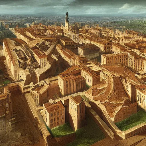 Prompt: Digital art of a large renaissance capital with a citadel, bird's eye view Marc Simonetti Peter Zumthor