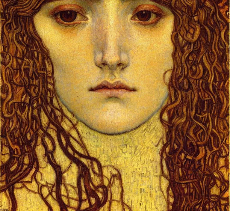 Image similar to detailed realistic beautiful young medieval queen face portrait by jean delville, gustav klimt and vincent van gogh, art nouveau, symbolist, visionary, gothic, pre - raphaelite, muted earthy colors, desaturated