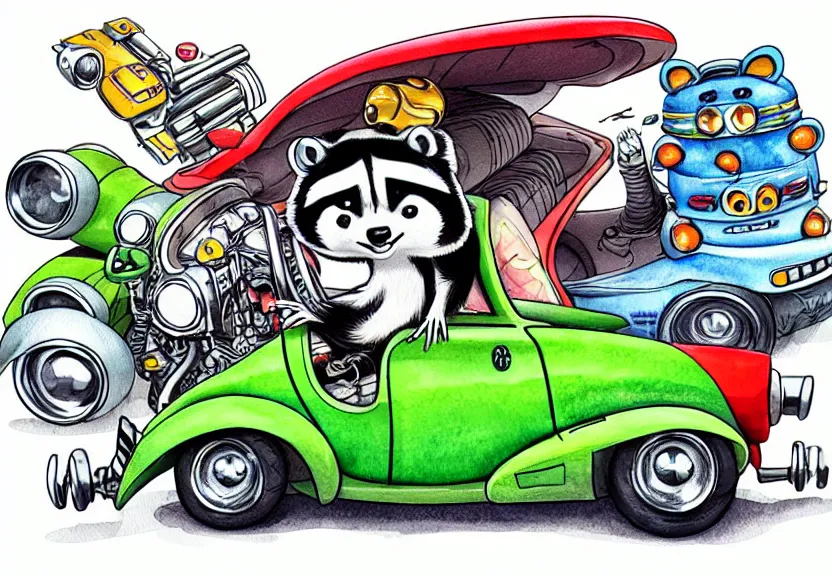 Image similar to cute and funny, racoon riding in a tiny hot rod coupe with oversized engine, ratfink style by ed roth, centered award winning watercolor pen illustration, isometric illustration by chihiro iwasaki, edited by range murata