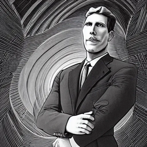 Image similar to cell shading opulent by chris van allsburg. a photograph of a suit. the man's eyes are closed & he has a serene, content look on his face. his arms are crossed in front of him & is floating in space. background is swirling with geometric shapes & patterns.