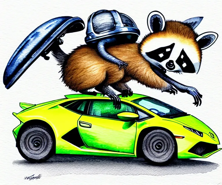 Image similar to cute and funny, racoon wearing a helmet riding in a tiny 2 0 2 0 lamborghini huracan sto, ratfink style by ed roth, centered award winning watercolor pen illustration, isometric illustration by chihiro iwasaki, edited by range murata