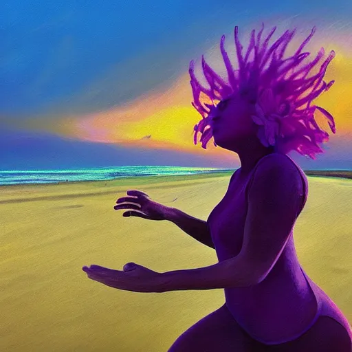 Image similar to portrait, giant purple dahlia flower head, woman running at the beach, surreal photography, sunrise, blue sky, dramatic light, impressionist painting, digital painting, artstation, simon stalenhag