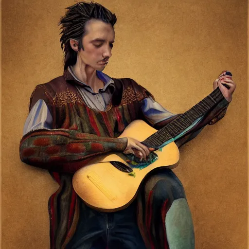Prompt: a painting of a man holding a guitar, a character portrait by maria johanna gortz, behance contest winner, renaissance, official art, detailed painting, concept art