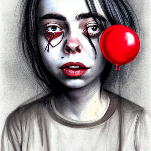 Prompt: surrealism grunge cartoon portrait sketch of billie eilish with a wide smile and a red balloon by - michael karcz, loony toons style, pennywise style, horror style, detailed, elegant, intricate