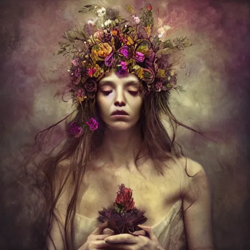 Image similar to a beautiful artwork portrait of a flower druid performing magic, by Brooke Shaden, featured on artstation