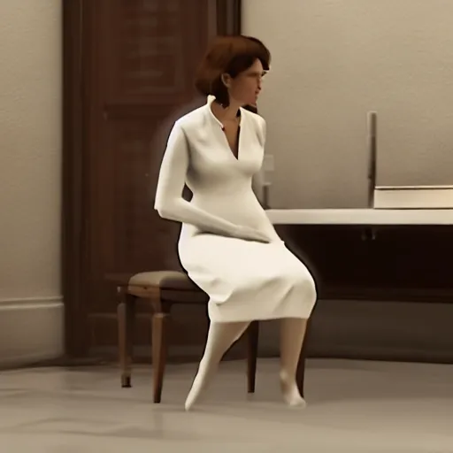 Image similar to a woman in a white dress sitting in a chair, concept art by john carpenter, reddit, hypermodernism, playstation 5 screenshot, unreal engine 5, criterion collection