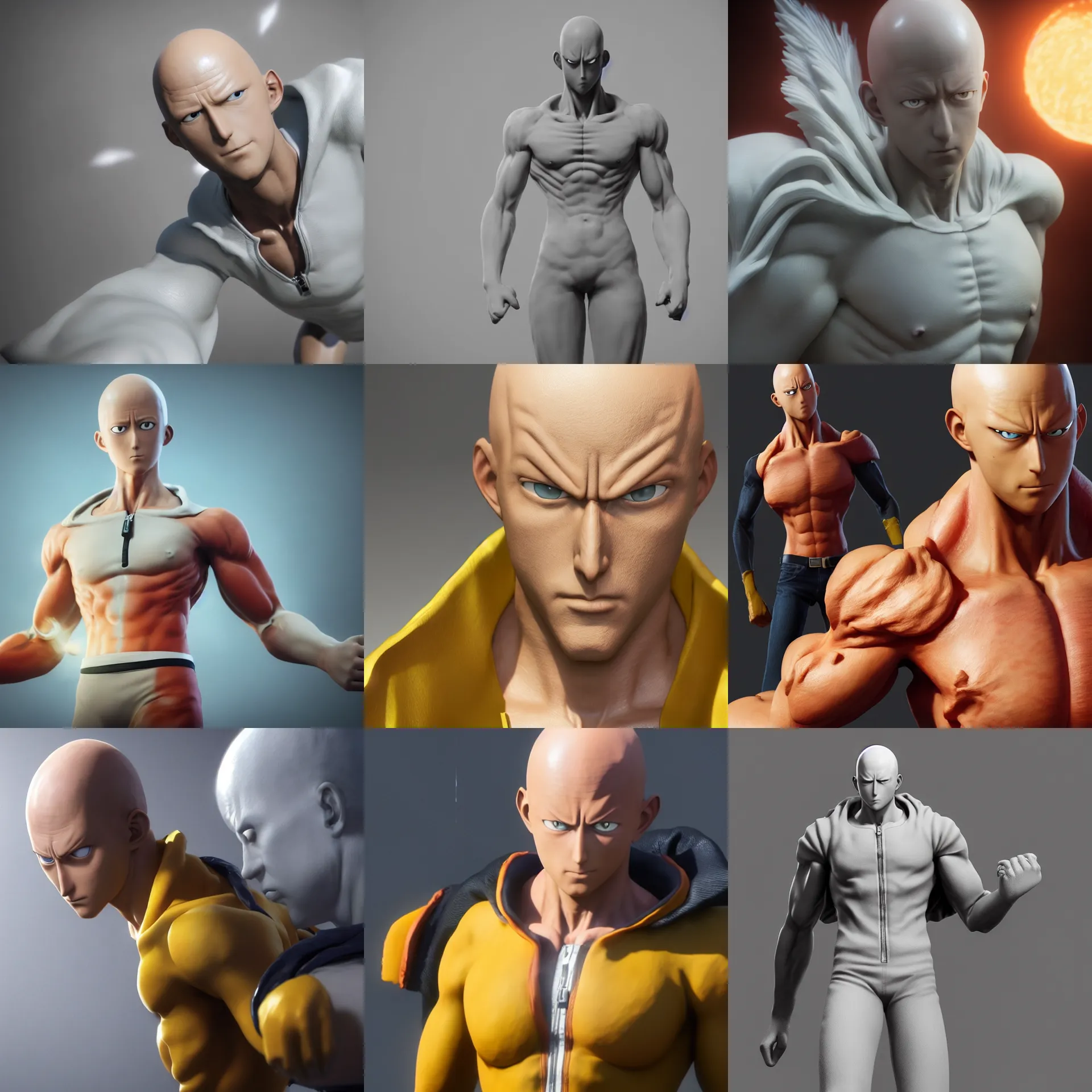 Prompt: 3D Realistic sculpture render of Saitama from One Punch Man, octane render, volumetric light, Unreal Engine, Highly detailed, hyperrealistic