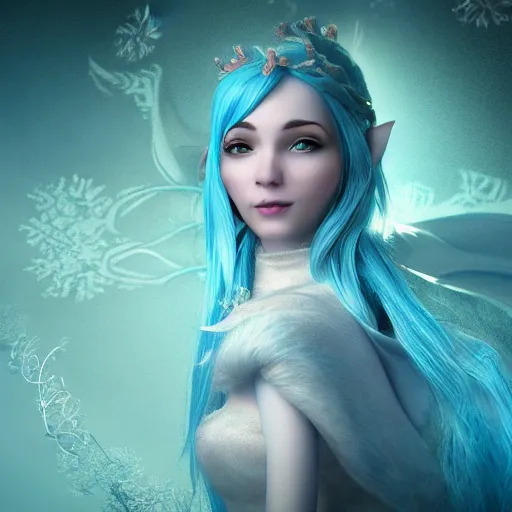 Prompt: woman with elf ears and light blue hair, incredible detailed, octane render, insanely ornamented with decorations, ice nordic fairy tale atmosphere.