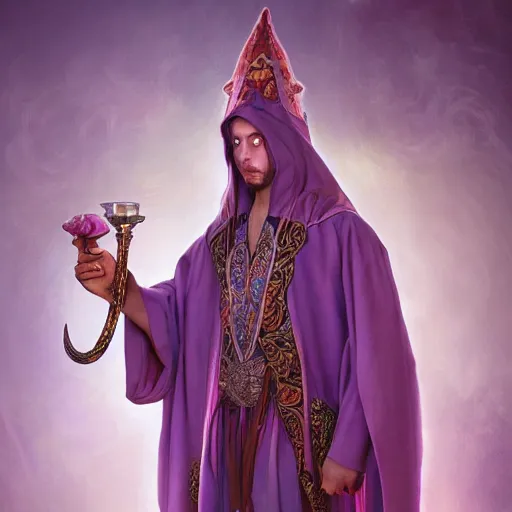 Prompt: highly detailed stunning image of a purple robe wizard full body in mucha style, 3 d render by andrei riabovitchev, shaun tan and peter mohrbacher octane render. hyper realistic. soft illumination, artstation