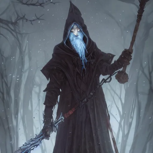 Image similar to hooded witch hunter frost mage ice wizard cold sorcerer portrait render unreal engine illustration, stephan matiniere, anato finnstark, yoshitaka amano, akihiko yoshida, takato yamamoto, ismail inceoglu, shingo matsunuma.