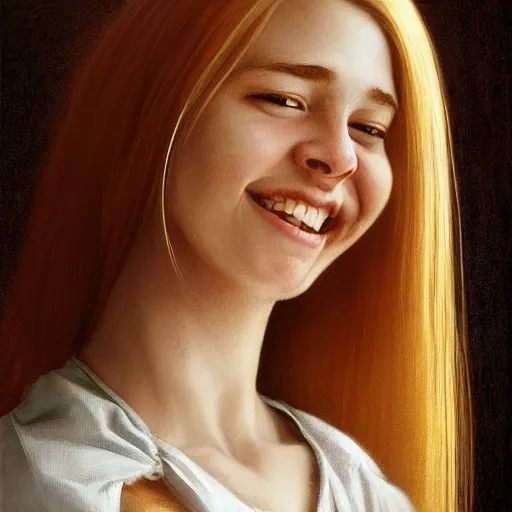 Image similar to a totally amazed smiling pretty spanish girl with blonde hair, long loose hair, precise linework, accurate brown eyes, small nose, beautiful smooth oval head, expressive emotions, hyper realistic ultrafine portrait by artemisia gentileschi, jessica rossier, greg rutkowski, artgerm