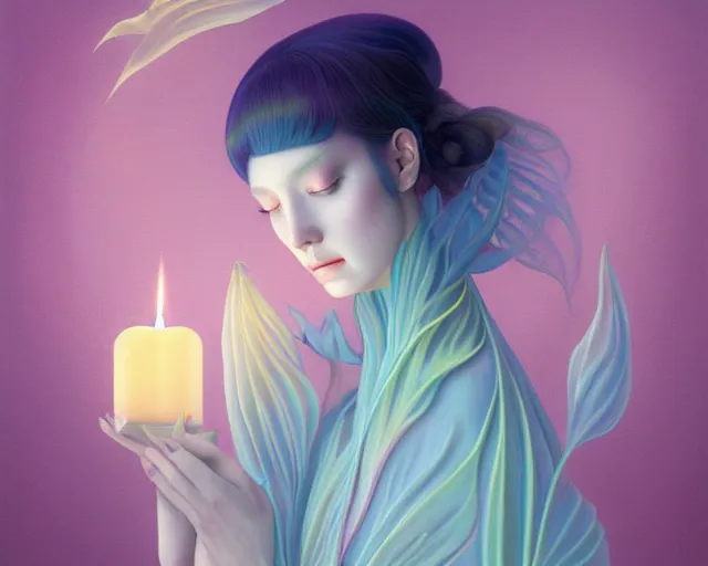 Prompt: highly detailed pastel colors painting of an symmetric ethereal witch with a candle, morphing into autumn leaves, by artgerm and hsiao - ron cheng, smooth composition, fine patterns and detail