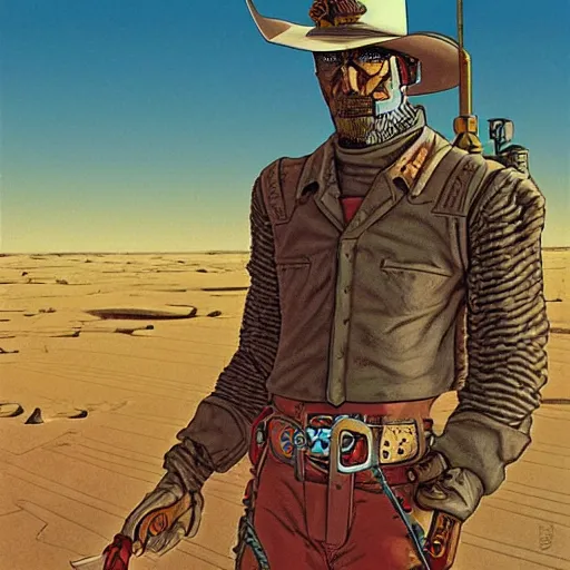 Image similar to cyborg cowboy in a desert space wild west town, highly detailed, by moebius