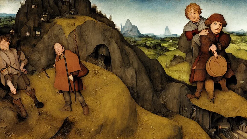 Prompt: bilbo baggins and frodo portrait by pieter bruegel the elder, visual novel