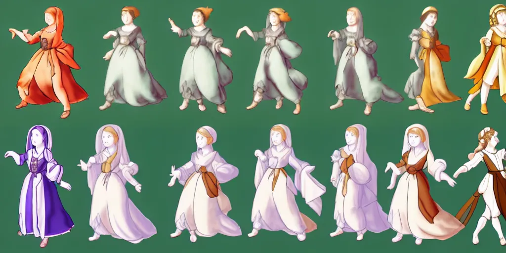 Image similar to walking animation sprite sheet of a girl in a renaissance dress, walking to the right, each sprite is a different frame of the animation, in the style of pokemon games